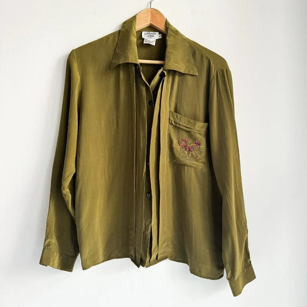 Vintage Jennifer Lane Olive Green Silk floral embroidered Long Sleeve M Shirt - Picture 2 of 7